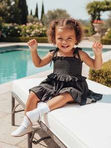 Newborn Baby Girl Denim Romper Dress Sleeveless Tie Up Shoulder Smocked Ruffle Bodysuit Summer Clothes - Black - View 3
