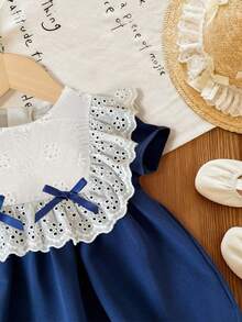 Baby Girls' Summer Lace Collar Dress, Cute White Hollow Lace Collar, Navy Blue Skirt, Blue Bow Decor, Princess Style, Comfortable & Skin-Friendly, Fashionable Outfit For Baby Girls - Blue - View 5