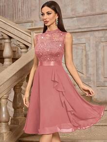 MIUSOL Sequin Floral Lace Sleeveless Ruffle Hem Party Swing Dress Wedding Spring - Dusty Pink - View 6