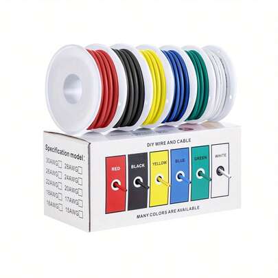 Kit de cable de silicona flexible 16/18/20/22/24/26AWG, 6 colores/caja, cable trenzado de cobre estañado, adecuado para DIY/Automoción/Hogar/Modelos RC/Cableado de baterías