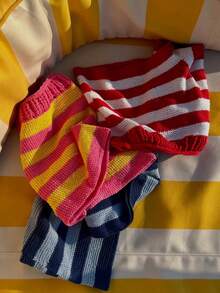 Women's Striped Knit Micro Shorts Fold Over Elastic Waist Slim Fit Mini Bottom Y2k Lounge Crochet Sweater Shorts - 深藍色 - 查看 3