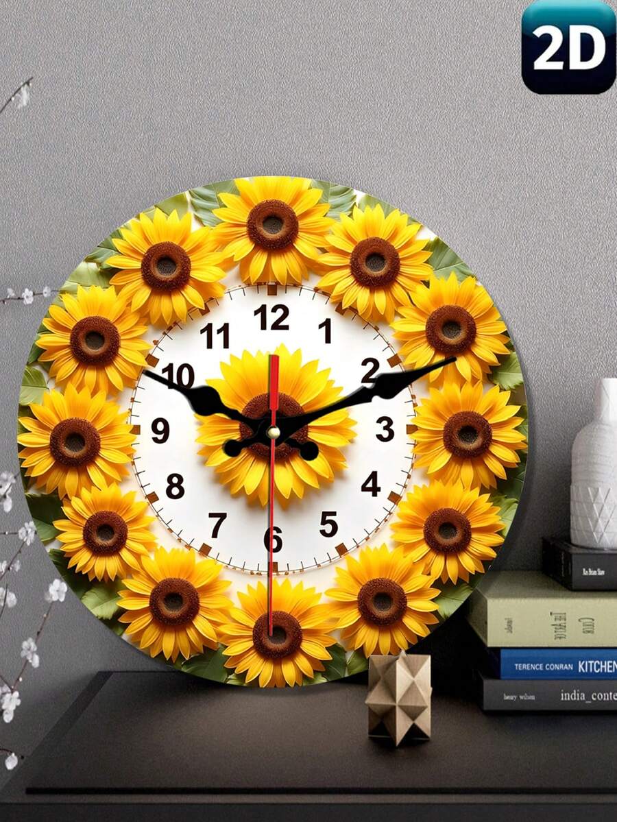 2D Sunflower Trio Pattern Silent Wall Clock, Silent Movement, Suitable For Living Room, Bedroom, Home, Office, Kitchen Decor, Holiday Decor, Gift, Battery Not Included - Multicolor - View 1