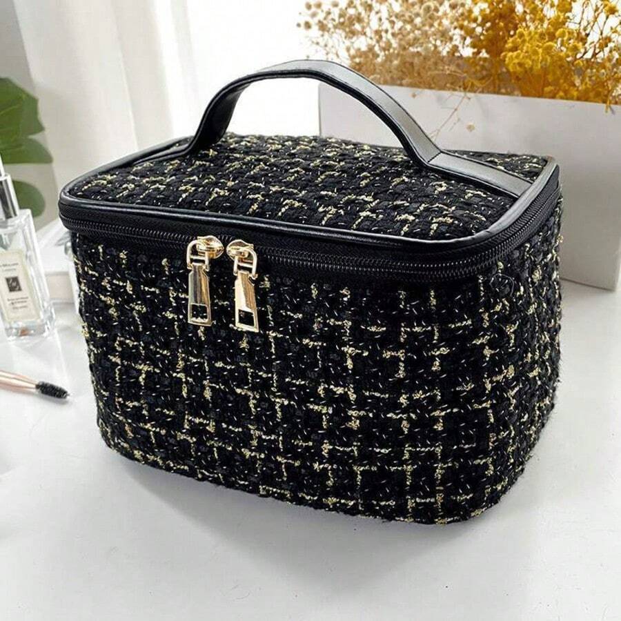 Bolsa Cosmética com Zíper Xadrez na Moda - Organizador de Maquiagem Leve e Portátil, Ideal para Viagens de Mulheres - Multicolorido - Visão 1