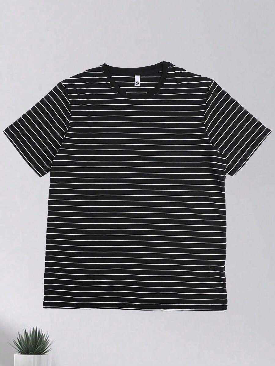 男士宽松黑白条纹T恤 - 百搭圆领，休闲日常百搭上衣 - 黑色 - 查看 1