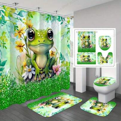 1/4 件套可爱青蛙图案浴帘套装，花卉闪光浴室套装，包含浴帘和地毯，涤纶面料浴帘浴室装饰，带 12 个挂钩