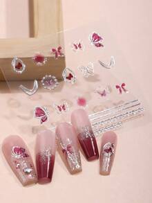 2片甜美时尚美甲贴纸，3D蝴蝶和爱心自粘美甲贴花，适合女性DIY美甲用品。 - 彩色 - 查看 2