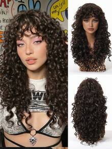 Elegant African Curly Wig For Women, Long Fiber, Curly Style, Matte Finish, With Rose Mesh Cap - Dark Brown - View 2
