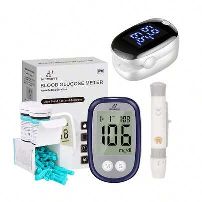 Medidor digital de glucosa en sangre + oxímetro de pulso, juego de dos piezas.