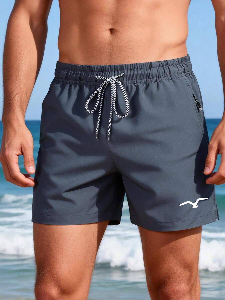 Men's Summer Quick-Dry Beach Shorts, Solid Color Drawstring Printed Bermuda Shorts, Suitable For Beach, Vacation, Outdoor, Running - Dark Grey - View 1