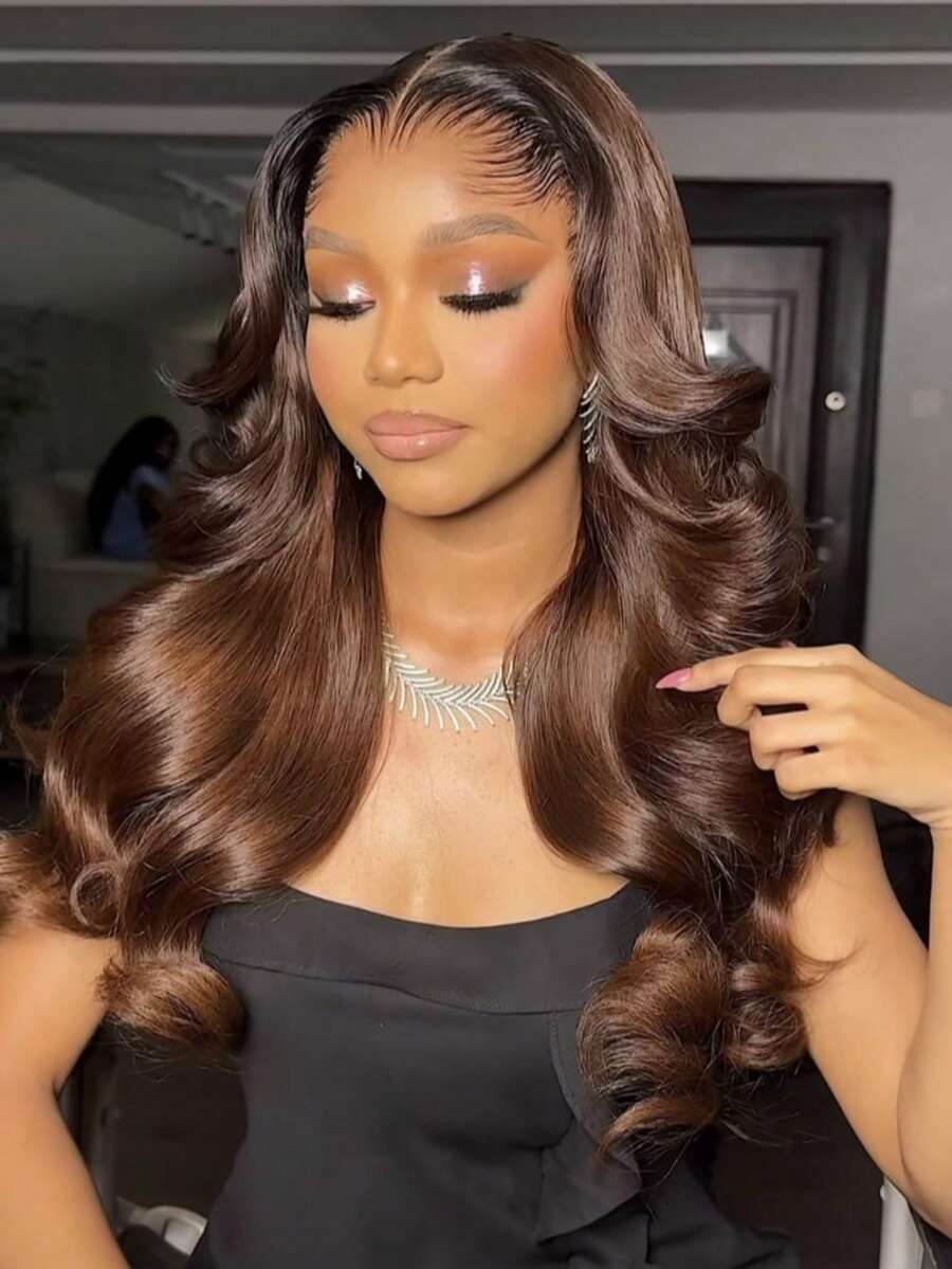 bling hair Perruque 36 pouces (91 cm) de long, densité 200 %, brun chocolat, 13x4 ou 13x6, cheveux humains ondulés, lace front transparente HD, pré-épilée, brun chocolat n°4, teinte brune, cheveux humains brésiliens, perruque lace front ondulée pour femme