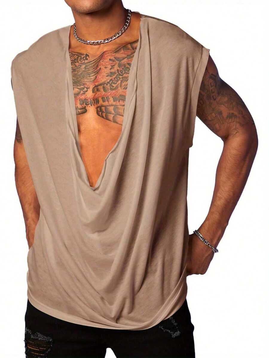 Runcati Mens Tank Tops Sleeveless T Shirts Deep V Neck Loose Casual Summer Beach Basic Tank Shirts - 淺棕色 - 查看 1