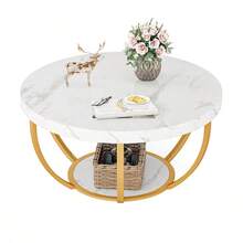 LITTLE TREE Round Coffee Table, 31.7" Modern 2-Tier Circle Coffee Table With Storage Shelves, Accent Cocktail Table Center Table For Living Room - White and Gold - View 8