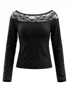 露肩蕾丝波点长袖T恤，时尚修身女款上衣 - 黑色 - 查看 8