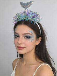1pc Mermaid Holographic Rain Headband, Iridescent Fish Tail Tassel Design, Unique Party Hairstyle Accessory - Multicolor - View 7