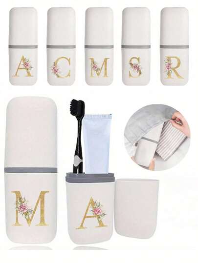 1pc Rose Gold Letters A-Z Portable Toothbrush Case, Keep Your Toothbrush Clean And On The Go!Travel Toothbrush Holder, Portable Toothbrush Cup Cover, Suitable For Travel, Camping, Business Travel, And School, Multi-Purpose Toothbrush Cup, Travel Wash Cup, Toothbrush And Toiletries Storage Kit, Minimalist Toiletries Storage Box, Travel Essentials, Bathroom Accessories, Household Items, And Storage Supplies(White)