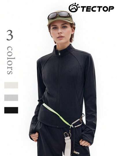 TECTOP Women's Spring/Summer Lightweight Windbreaker Jacket, Zipper Stand Collar, Thumb Holes, Pockets, Suitable For Outdoor Hiking Camping, Cooling Protection Outerwear