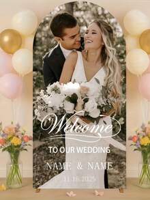 Customized Arch-Shaped Backdrop, Personalized With Photos And Text, Durable Stretchable Polyester Material, Suitable For Birthday, Wedding, Party And Other Occasions, Perfect Decorative Gift - Multicolor - View 5