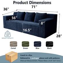 71 Inch 3-Seater Sofa, Corduroy Fabric Modular Sectional Sofa, Deep Seat Couch No Assembly Required For Living Room, Bedroom, And Apartment - 藍色 - 查看 4