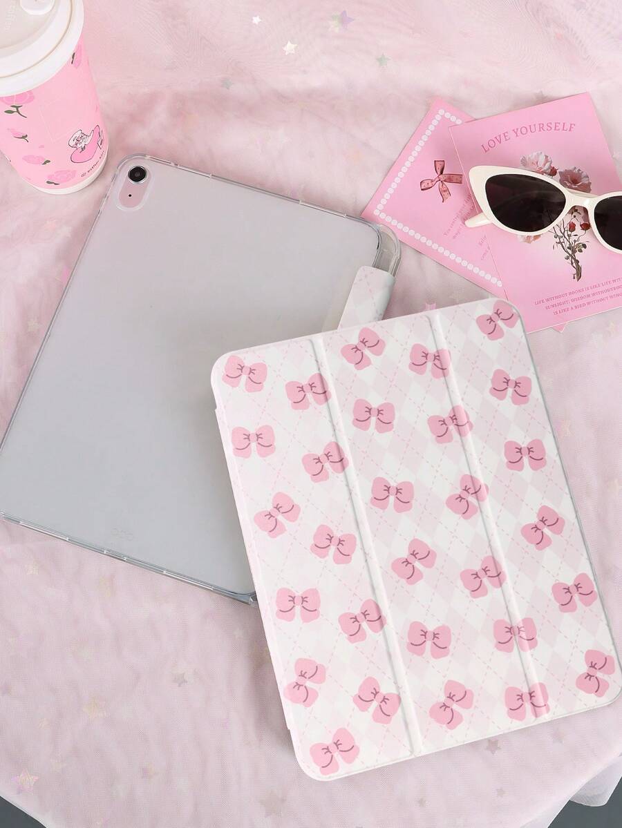 1pc Rhombus Bow Tie Painted Tablet Case, Suitable For IPad 10th/11th/10.2/10.5/Air4/Air5/10.9/Pro 11/Air 11-In.(M2)-2024/Pro 11-In.(M4)-2024/IPad Air 11-Inch (M3) 2025/IPad (A16) 11 Inch 11th Generation 2025, Mini6/Mini7/Air1/Air2/9.7, Tab A8 10.5 Inch 2022, Cute/Elegant/Creative, No Pen Included, Built-In Pen Slot, Tri-Fold Stand, Magnetic Sleep/Wake - Multicolor - View 1