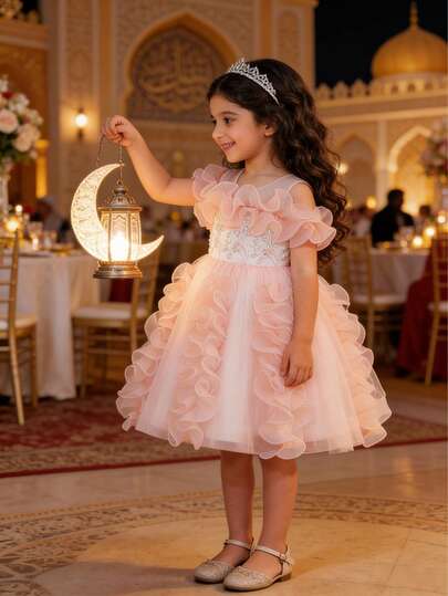 Girls' Elegant Floral Embroidered Mesh Princess Dress, Puffy Tulle Party Dress, Flower Girl Dress For Wedding, Evening Gown