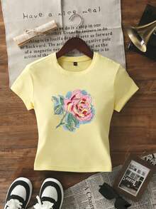 Summer New Simple Fashion Artistic Hand-Painted Pink Rose Print Casual Round Neck Short Sleeve Waist T-Shirt, Versatile & Fashionable Women Top - Yellow - View 2