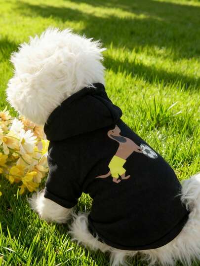 Pet Hoodie Sweatshirt With Dachshund & Soccer Ball Print, Outfit For Small Cats And Dogs
