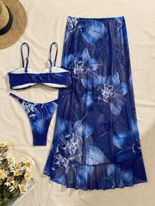 3pcs/Set Women Floral Print Elegant Sexy Backless Tie-Front Tankini Swimsuit & Skirt Beach Outfit, Spring/Summer - Blue - View 3