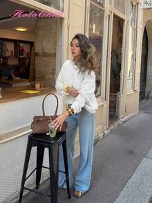 HoloChill 女士圆领落肩长袖宽松休闲套头毛衣，2026 新款，适合夏秋穿着 - 白色 - 查看 7