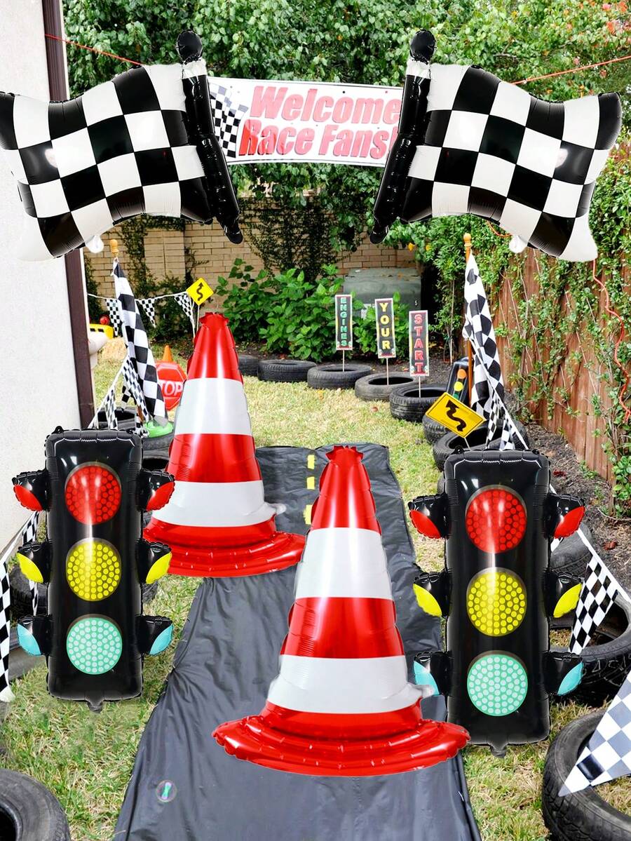 2/6pcs Racing Theme Balloon Set, Includes Traffic Light, Red & Green Light, Road Barrier, Racing Flag Foil Balloons, Suitable For Racing Theme, Motorcycle, Car, Birthday Party, Racing Party Supplies, Red, Yellow, Green Decoration - Multicolor - View 1
