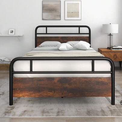  COSTWAY Double Size Bed Frame With Industrial Headboard, Heavy-Duty Platform Bed With Strong Metal Slats Support, Noise-Free Mattress Foundation No Box Spring Needed, Rustic Brown And Black