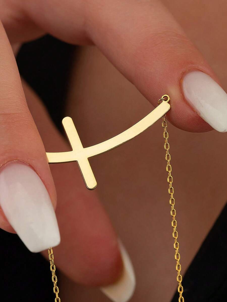 1pc 18K Gold Plated Stainless Steel Women's Cross Necklace, Personalized Side Cross Necklace, Christian Gift, Gift For Her - Gold - View 1