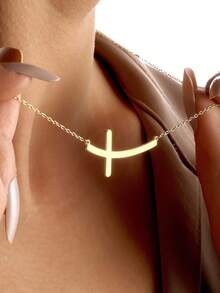 1pc 18K Gold Plated Stainless Steel Women's Cross Necklace, Personalized Side Cross Necklace, Christian Gift, Gift For Her - Gold - View 2