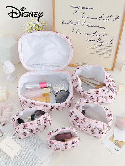  1 pieza Bolsa de cosméticos con diseño oficial de Mickey de Disney, bolsa de maquillaje de gran capacidad para viajes, bolsa de maquillaje rosa, bolsa de viaje linda con dibujos animados para artículos de tocador, bolsa de almacenamiento de cosméticos acolchada de espuma con cremallera, bolsa pequeña para almacenar toallas sanitarias, monedero mini, organizador de viaje de varios tamaños
