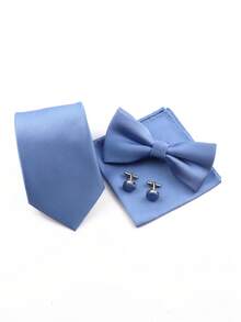 ZONFAZ 4pcs Men's Business Casual Solid Ribbed 3.15" Necktie, Bow Tie, Pocket Square & Cufflinks Combo Set, Suitable For Wedding, Party And Daily Commute - Dusty Blue - View 5