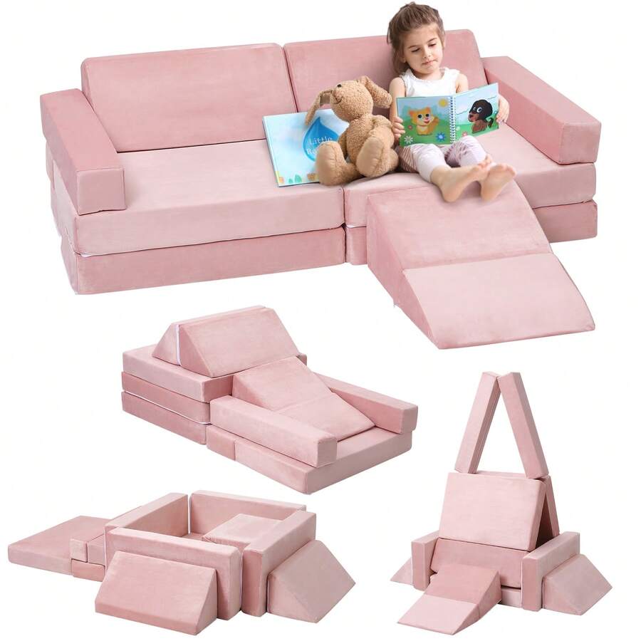 Sofá Infantil Modular de 12 Piezas con Piscina de Pelotas, Convertible para Niños y Niñas Creativos, Sofá de Juego Ideal para Sala de Juegos - Rosa - Ver 1