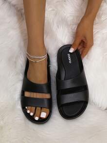 新款LUOFU时尚夏季女士拖鞋，舒适橡胶中底户外休闲凉鞋，沙滩鞋，防滑室内/室外PVC人字拖 - 黑色 - 查看 8