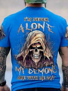 Men's Casual Crew Neck Letter & Skull Print Short Sleeve T-Shirt, Versatile For Commuting & Outings - Blue - View 6