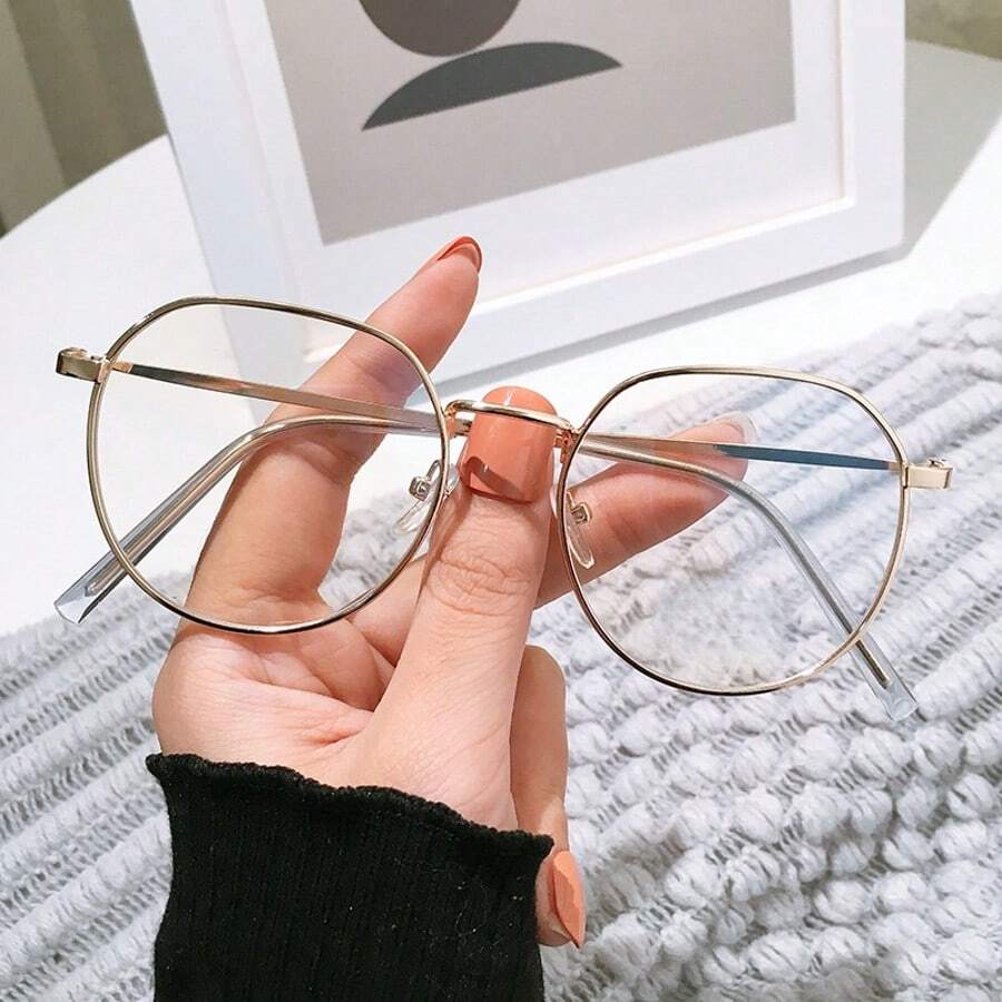 Metal Frame Oval Decor Anti-blue Light Planar Mirror Blue Light Blocking Eyeglasses Frame, 2023 New Computer Protection Eyeglasses For Men And Women Street Fashion Near-sighted Eyeglasses Artistic Vintage Metal Glasses Male With Prescription Lens Frame, Computer Protection Eyeglasses Unisex Fashionable Anti-blue Light Eyeglasses Frame For Street Snap - Emas - View 1