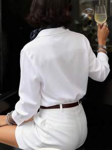 白色长袖纽扣衬衫，优雅休闲日常办公上衣，女士 - 白色 - 查看 2
