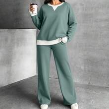 Women's Casual Black Ribbed Knit Set, Contrast Trim Long Sleeve Drop Shoulder Top And Pants - Mint Green - View 3
