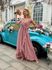Fashion Daily Style Coral Orange V-Neck Flounce Sleeve Bridesmaid Gown Dresses - Pink - View 6