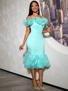 性感无袖露肩鸡尾酒礼服，荷叶边修身晚礼服，适合婚礼、派对及其他场合 - 薄荷綠 - 查看 8