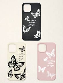 3pcs Butterfly Pattern Phone Cases, Motivational Slogan Positive Energy Phone Cases, Faux Leather Texture Black White Pink Shockproof Protective Covers, Compatible With IPhone & - Multicolor - View 45