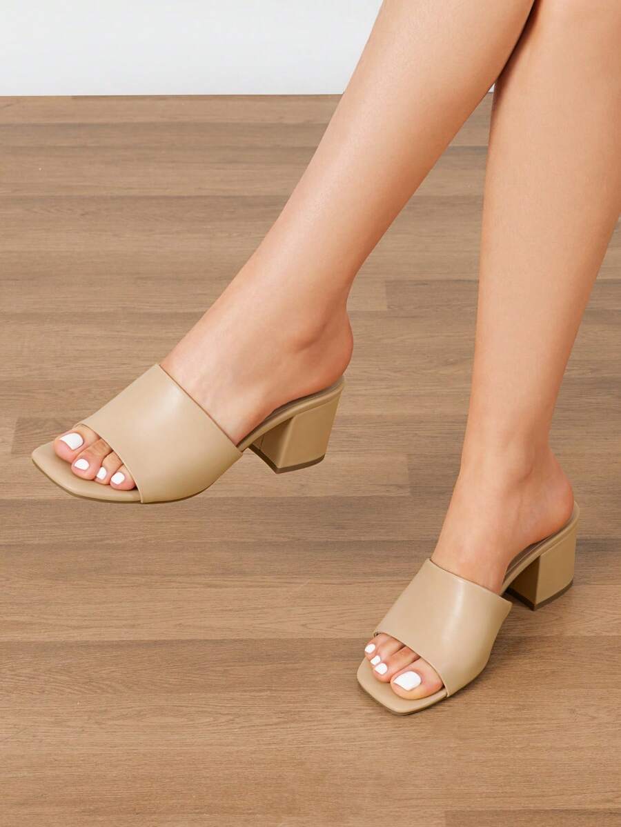 女性極簡厚跟米色拖鞋，舒適的白色方形開放式夏季拖鞋 - 杏色 - 查看 1
