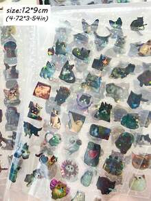 10pcs/Set Random Pattern Ins Style Cartoon Series Double Transparent Laser Stickers Japanese Cute Cat Stars DIY Bookkeeping Material Decorative Stickers - Animal - View 5