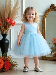 Baby Girls Sleeveless Backless Bow Satin & Mesh Cute Simple Birthday Party Dress, Suitable For Wedding, Banquet, Vacation, No Headband Included - Baby Blue - View 2