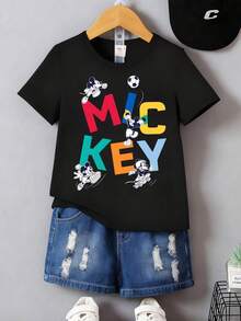 Disney Playful Mickey Mouse Soccer Print T-Shirt, Boys' Colorful Letter Loose Casual Cotton Short Sleeve Top - màu đen - Xem 3