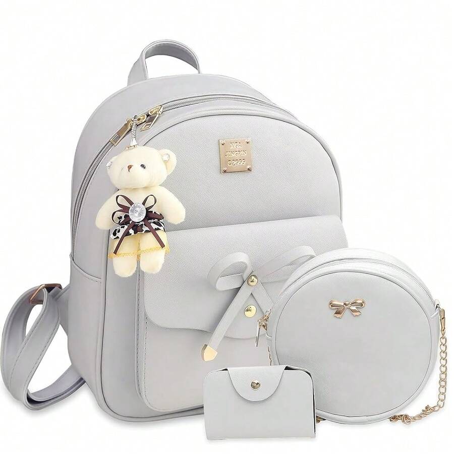 K.E.J. Mini Backpack Bowknot Leather Backpack Purse 3-PCS Cute Small Backpack For Women Ladies - Grey - View 1