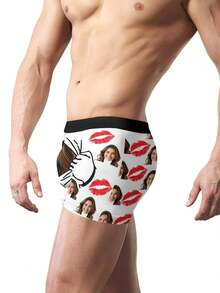 1 Pc Custom Men's Boxer Briefs, Personalized Face Customization, Printed With Christmas Elements Such As Snowflakes And Christmas Trees, As Well As Customizable Character Patterns. Personalized Photo Men's Boxer Shorts, Sweet And Romantic Long Men's Underwear, A Gift For Your Beloved, Anniversary Gift, Wedding Gift, Couple Gift, Best Friend Gift, Boyfriend/Husband/His Gift - 白色 - 查看 4