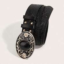 1pc Bohemian Black Agate Embossed Women's Western Cowgirl Belt, Suitable For Jeans, Halloween, Music Festivals, Everyday Wear, Fashion Style, Outdoor Activities, Parties, Autumn/Winter Accessory, Christmas, Valentine's Day, Back To School, Halloween, Vacation, Graduation Gift, Birthday - Black Turquoise With Gold Flecks - View 6